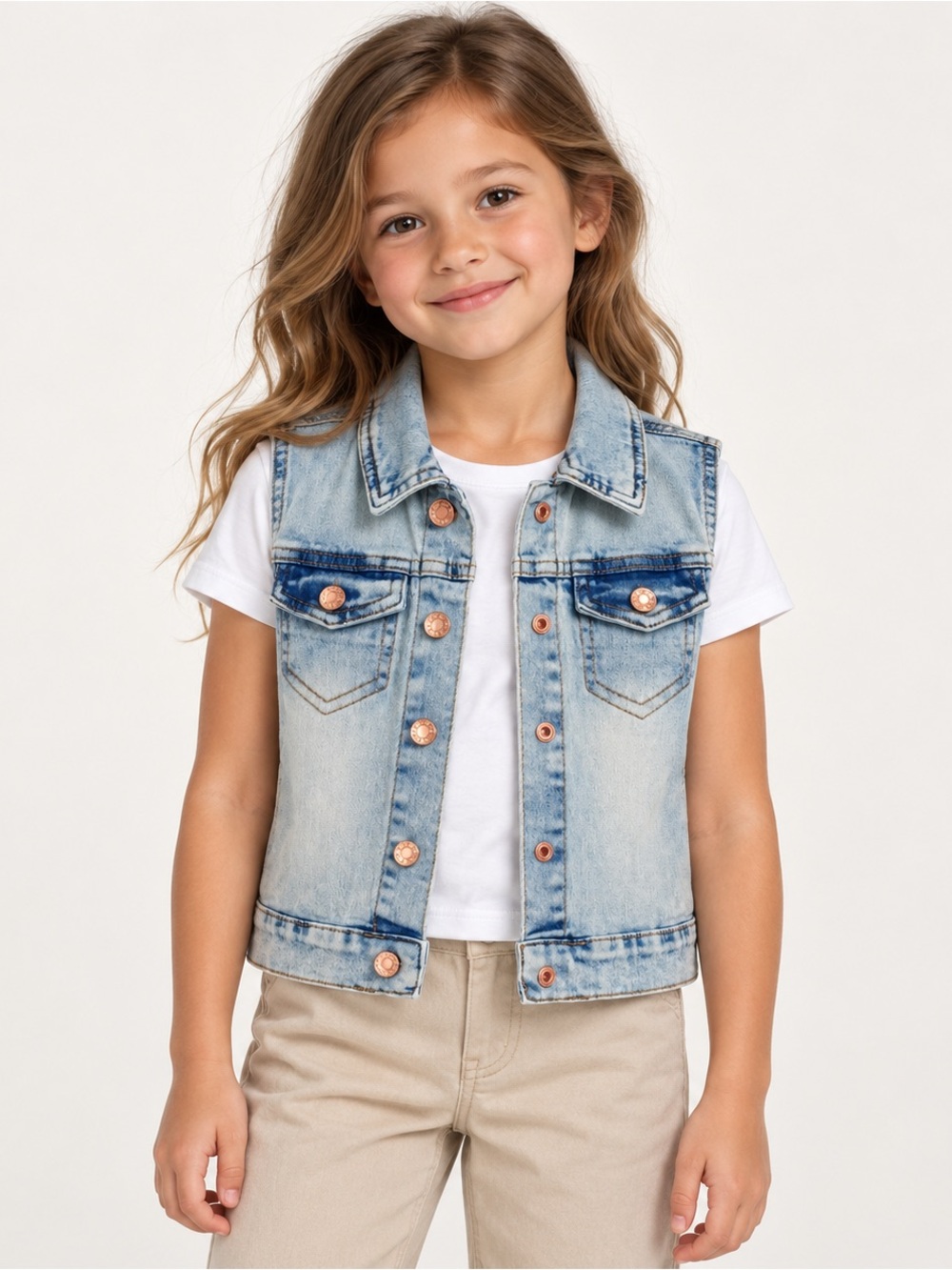 BCBG Girls Denim Vest Size 6 Light Blue Acid Wash Snap Front Jean Jacket